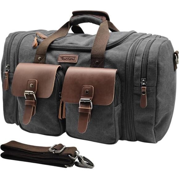 50L Travel Duffel Bag Expandable Canvas Leather Weekender Overnight Carry On Bag